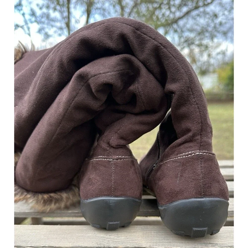 Natural Soul by Naturalizer Brown Faux Suede Tall Boots Faux Fur Trim Zip 6.5